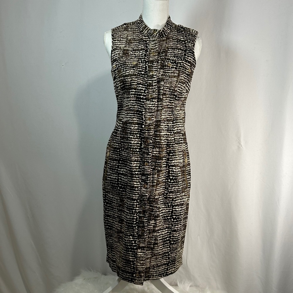 Calvin Klein Sleeveless Sheath Dress Abstract Print Button Frt Gold Tone Accents